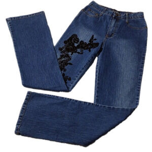 BELLE Sport Blue Medium Wash Black Floral Suede Embroidered Straight Leg Jeans